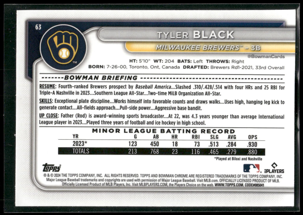 2024 Bowman Chrome #63 Tyler Black