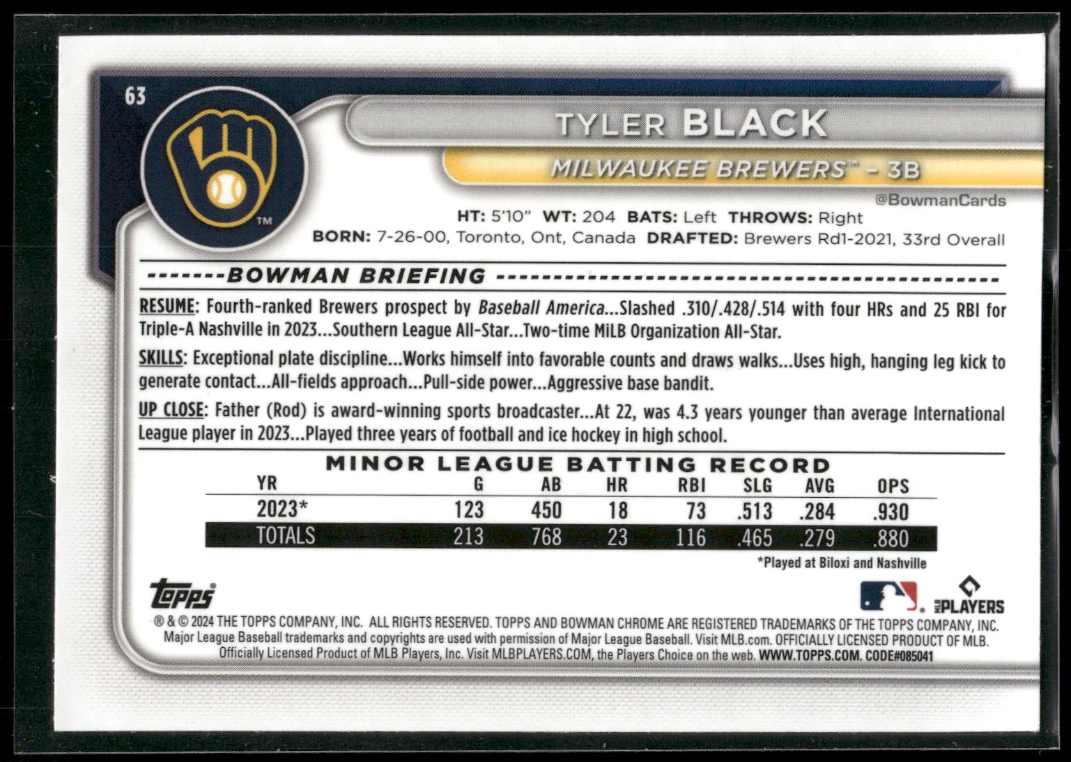 2024 Bowman Chrome #63 Tyler Black
