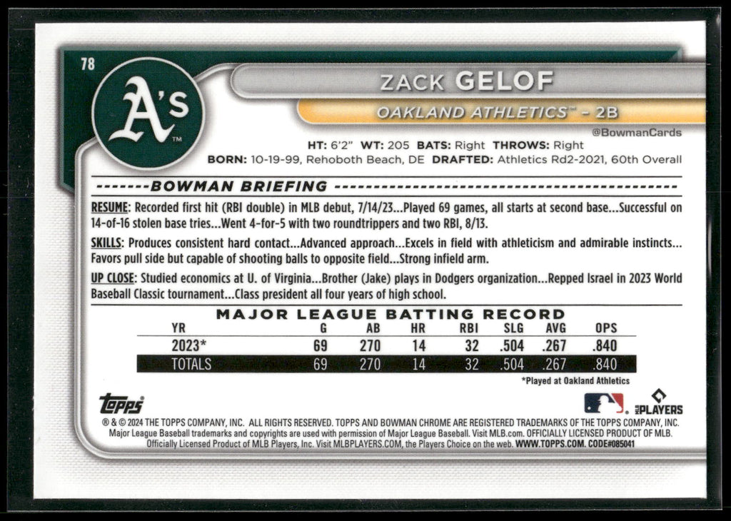 2024 Bowman Chrome #78 Zack Gelof