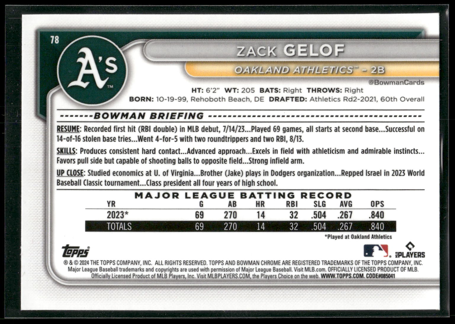 2024 Bowman Chrome #78 Zack Gelof