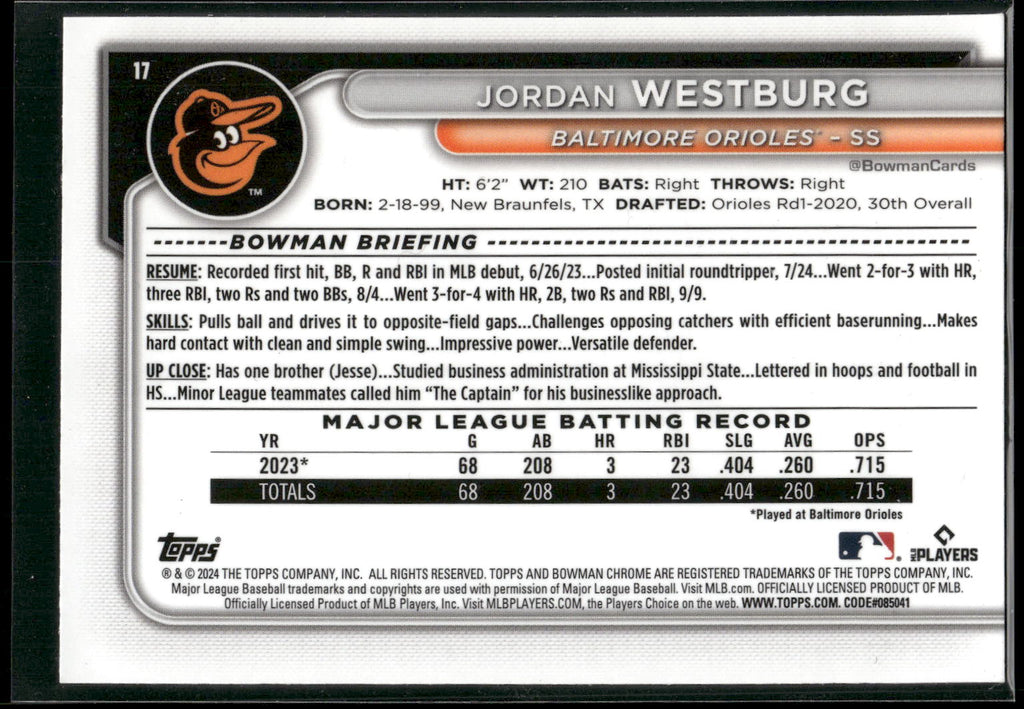 2024 Bowman Chrome #17 Jordan Westburg