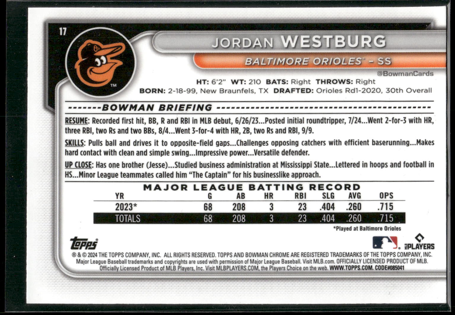 2024 Bowman Chrome #17 Jordan Westburg