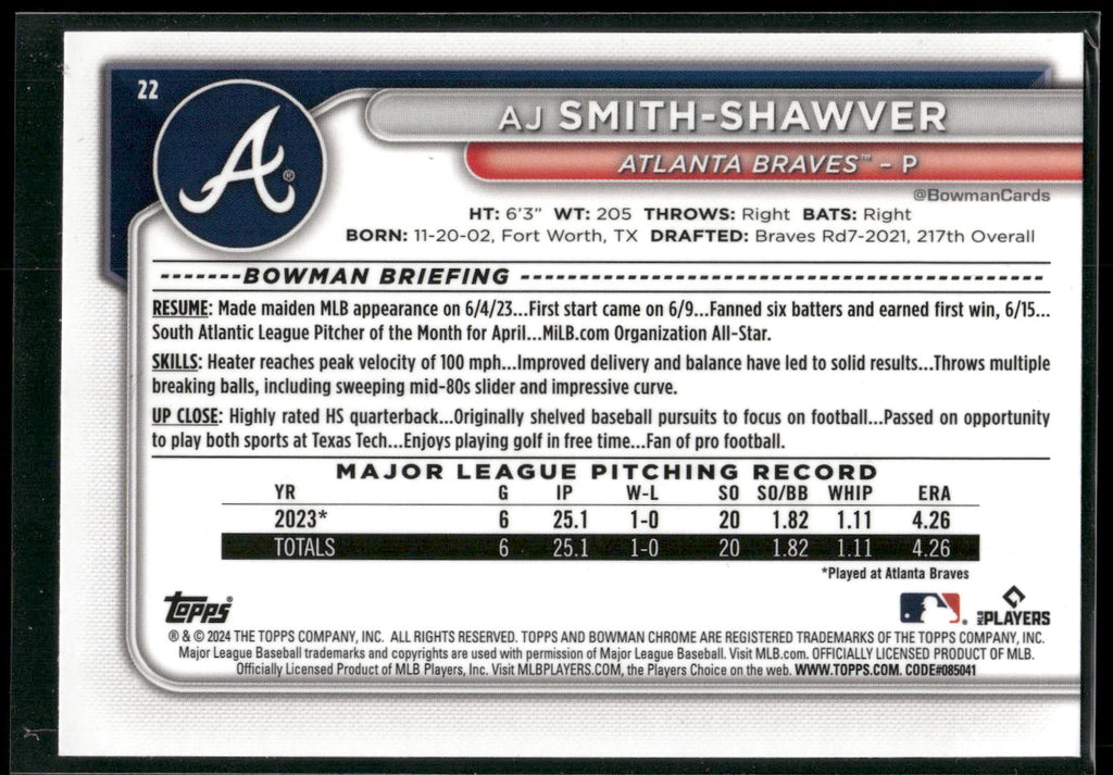 2024 Bowman Chrome #22 AJ Smith-Shawver