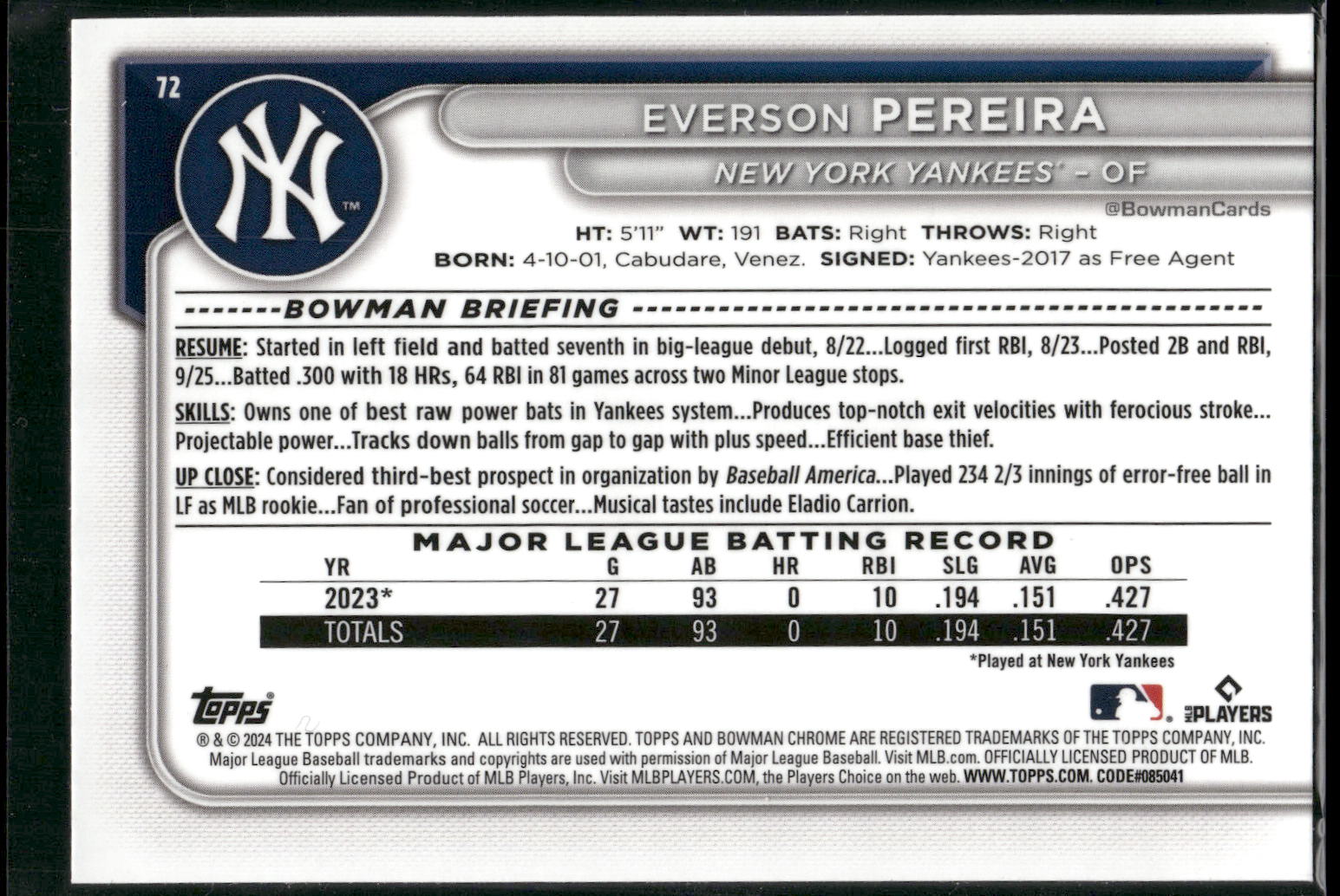 2024 Bowman Chrome #72 Everson Pereira