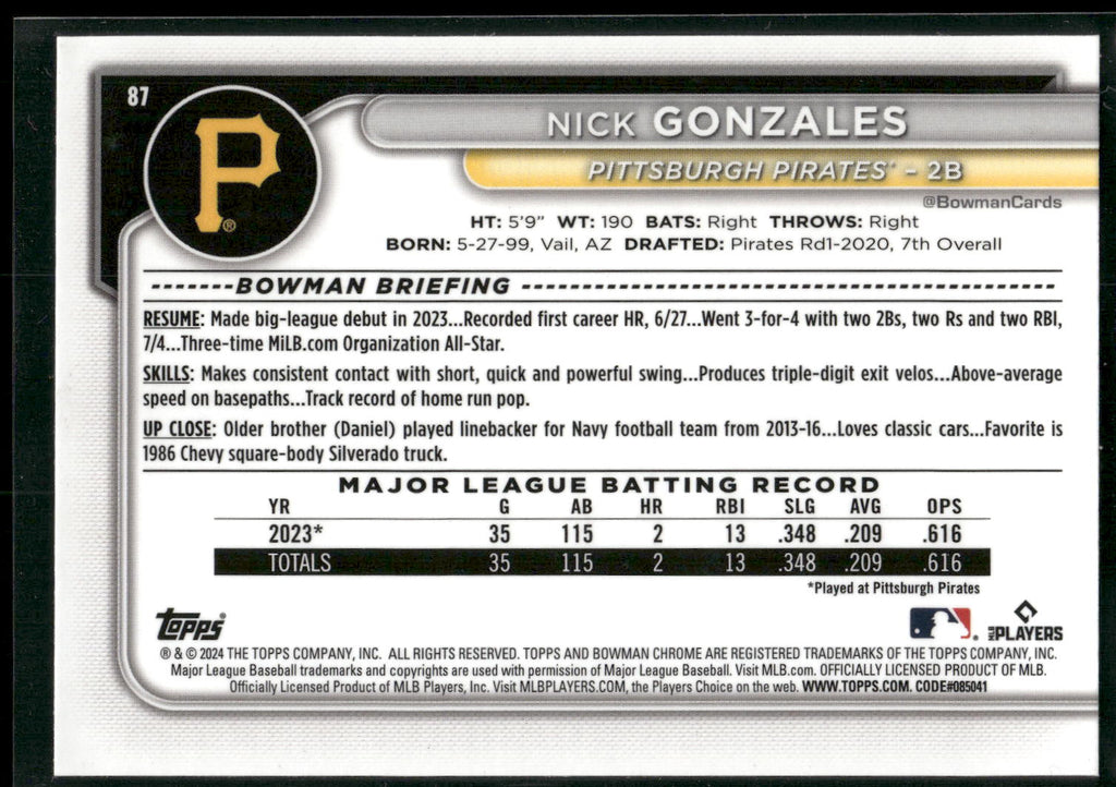 2024 Bowman Chrome #87 Nick Gonzales