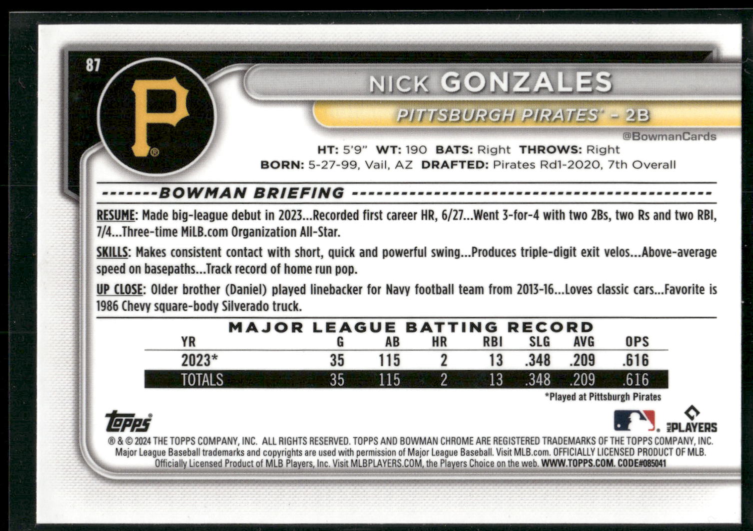 2024 Bowman Chrome #87 Nick Gonzales