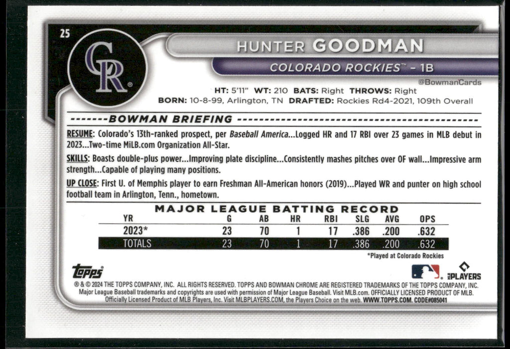 2024 Bowman Chrome #25 Hunter Goodman