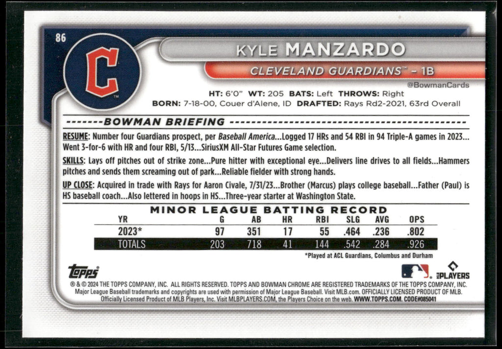 2024 Bowman Chrome #86 Kyle Manzardo