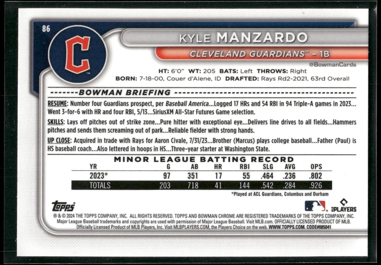 2024 Bowman Chrome #86 Kyle Manzardo