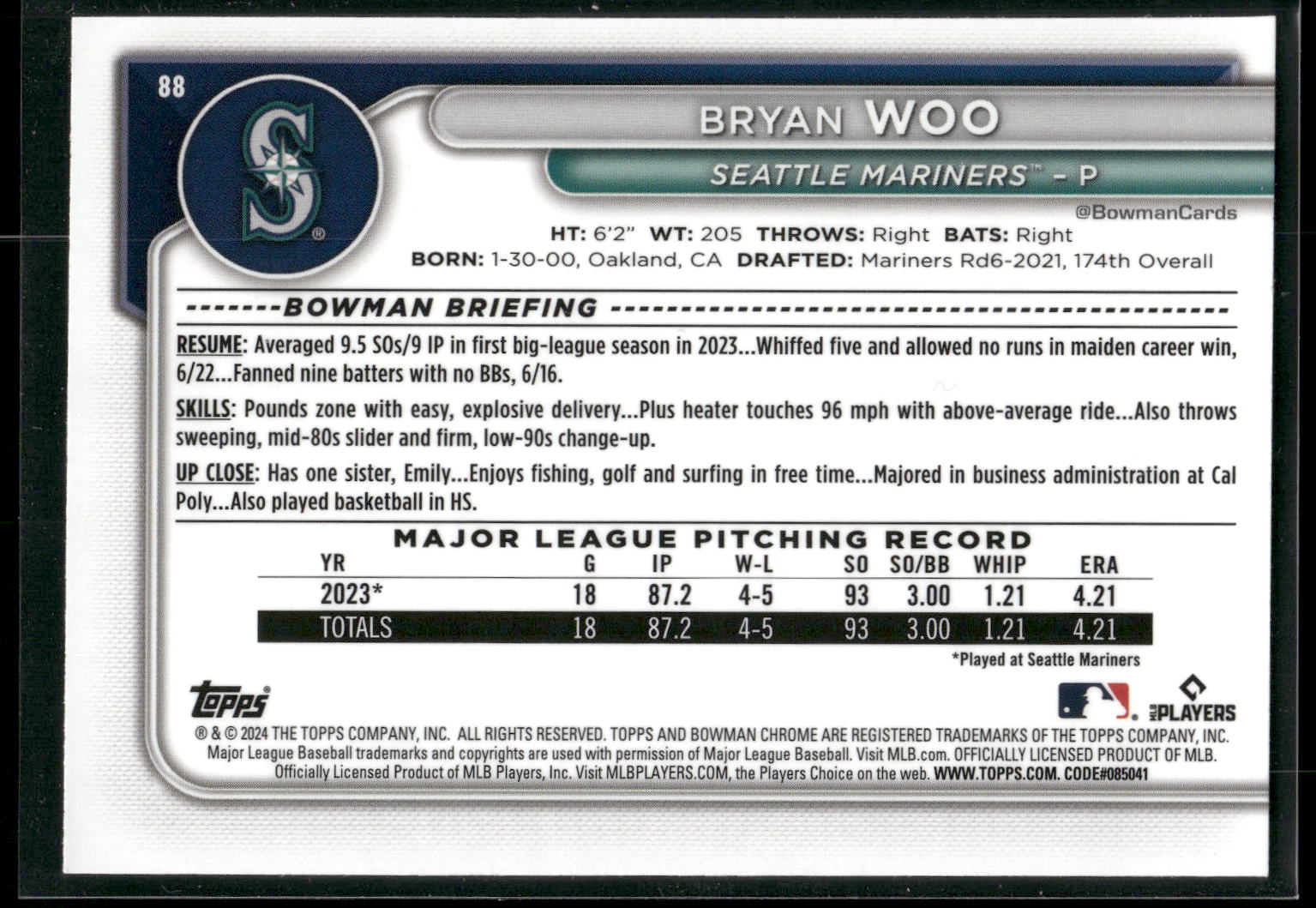 2024 Bowman Chrome #88 Bryan Woo