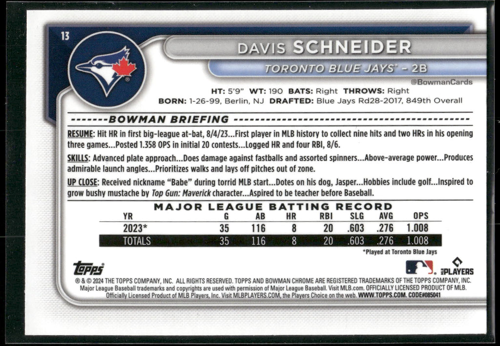 2024 Bowman Chrome #13 Davis Schneider