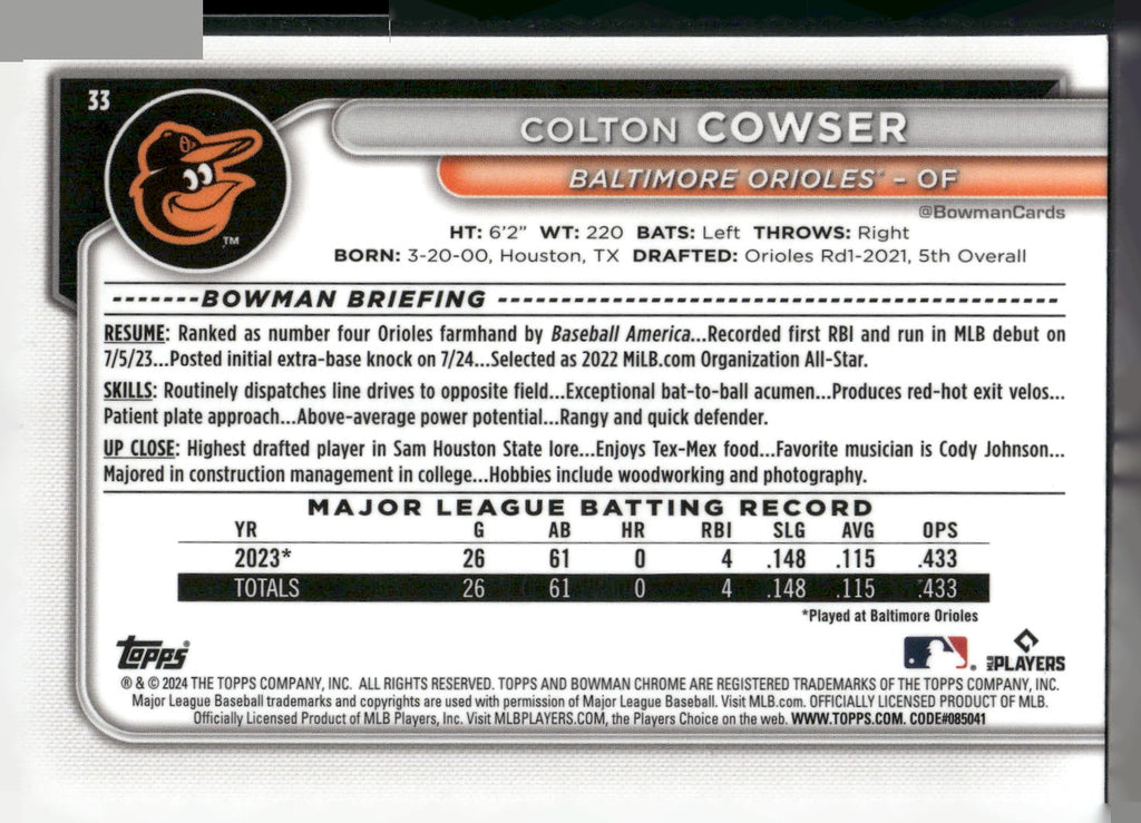 2024 Bowman Chrome #33 Colton Cowser
