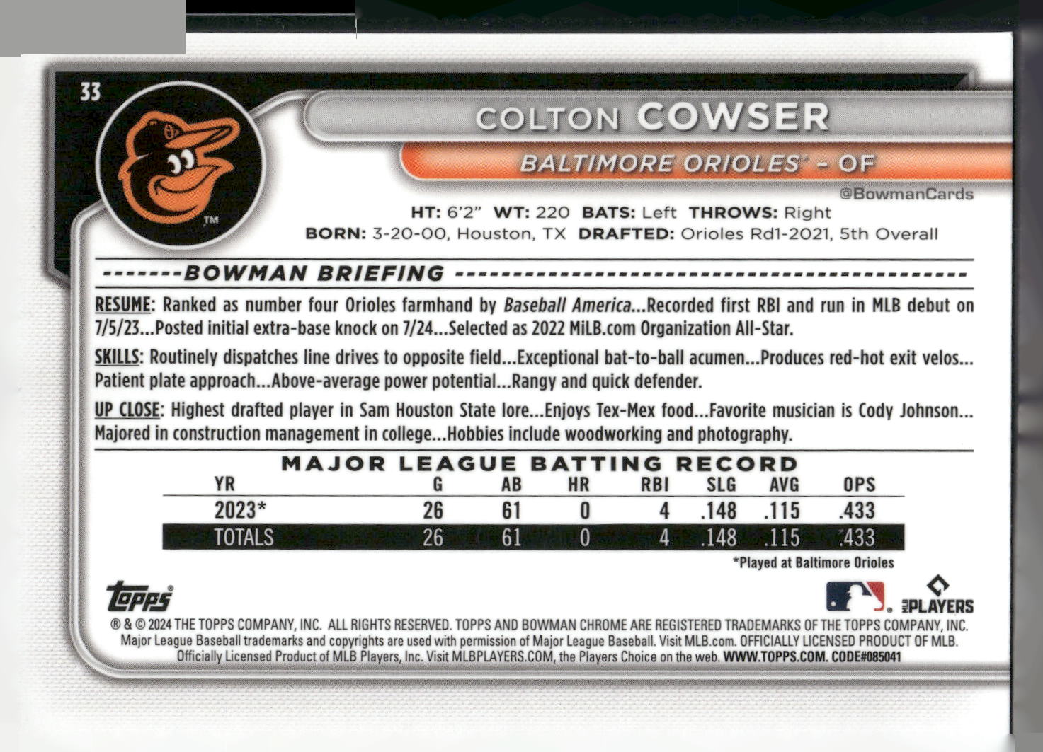 2024 Bowman Chrome #33 Colton Cowser