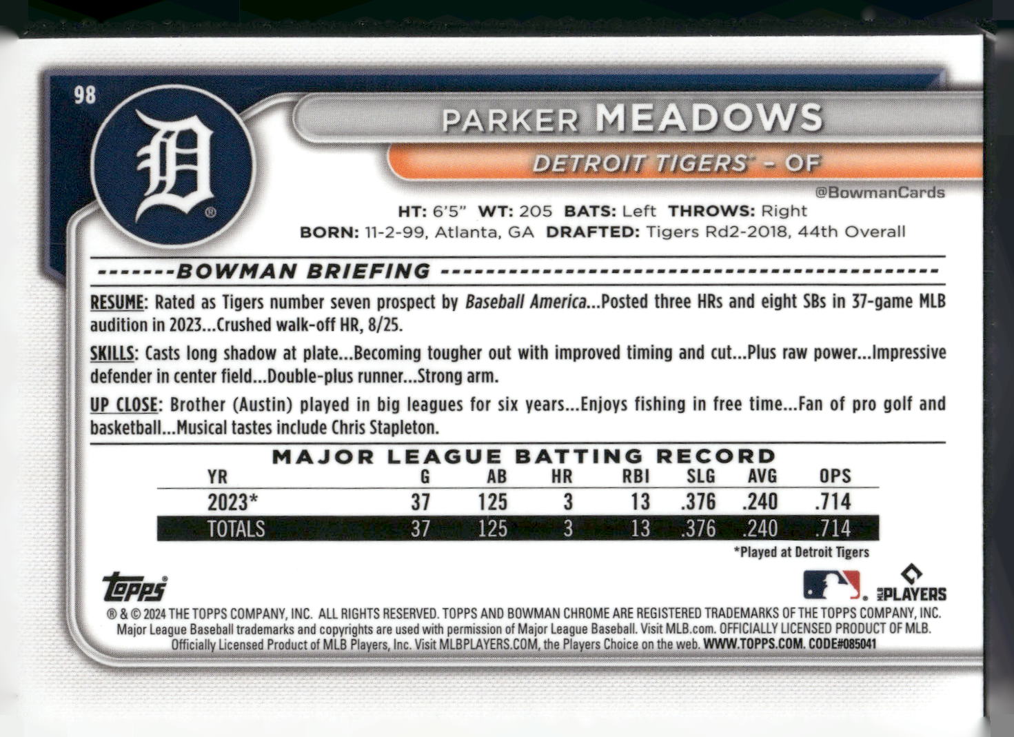 2024 Bowman Chrome #98 Parker Meadows