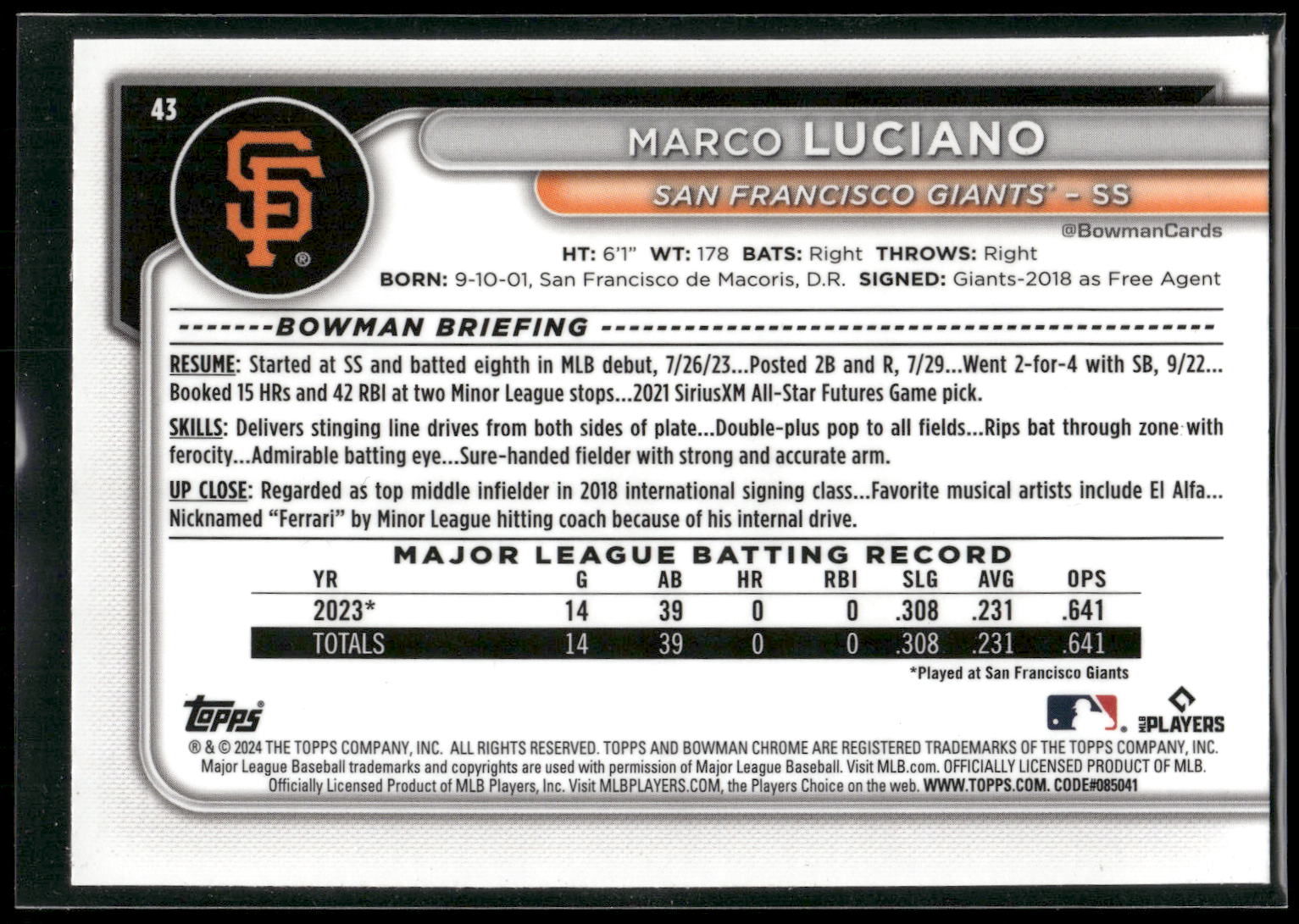 2024 Bowman Chrome #43 Marco Luciano