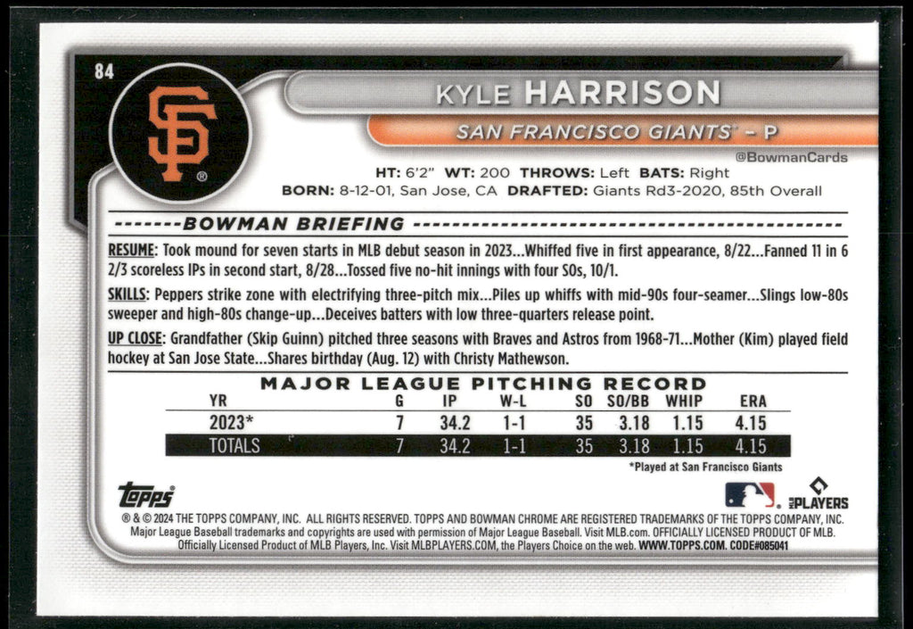 2024 Bowman Chrome #84 Kyle Harrison