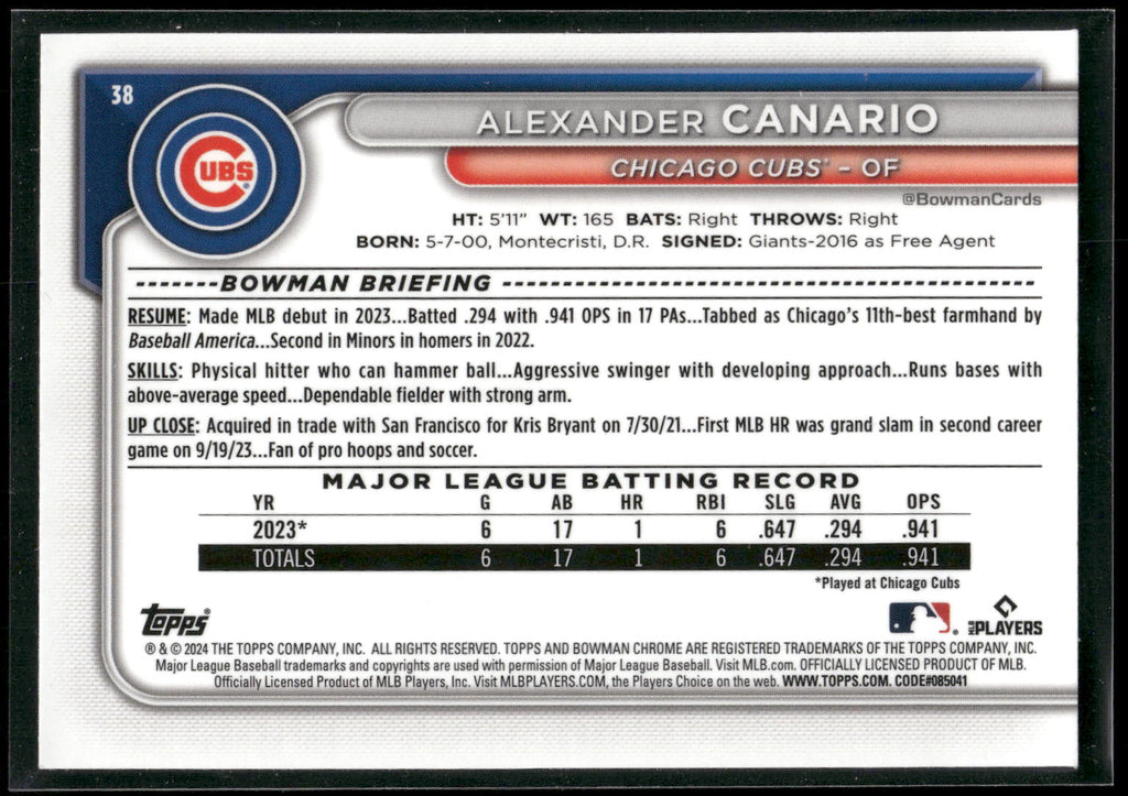 2024 Bowman Chrome #38 Alexander Canario