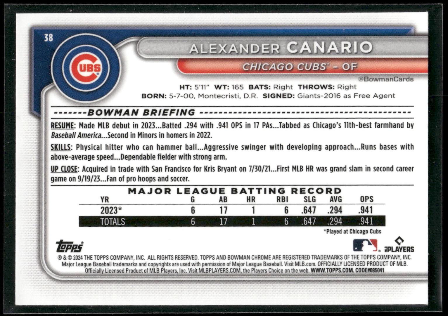 2024 Bowman Chrome #38 Alexander Canario