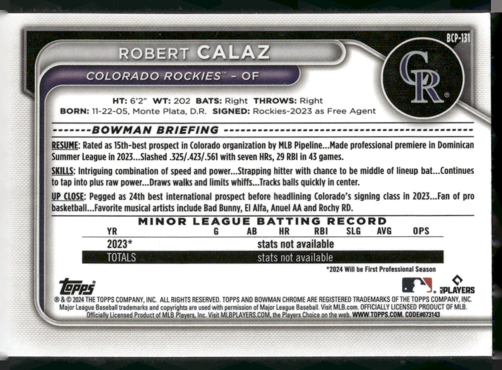 2024 Bowman #BCP-131 Robert Calaz Chrome Prospects