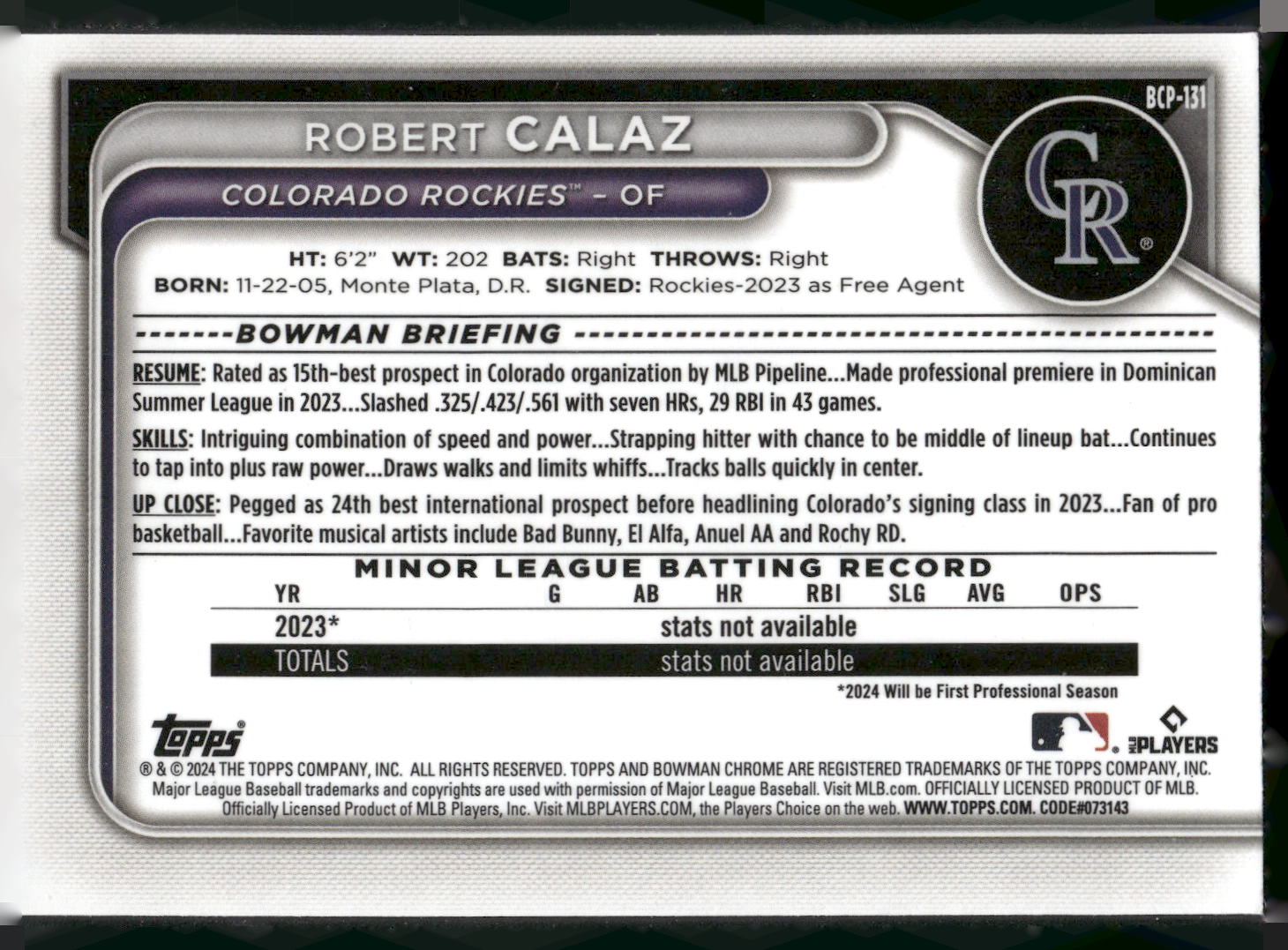 2024 Bowman #BCP-131 Robert Calaz Chrome Prospects