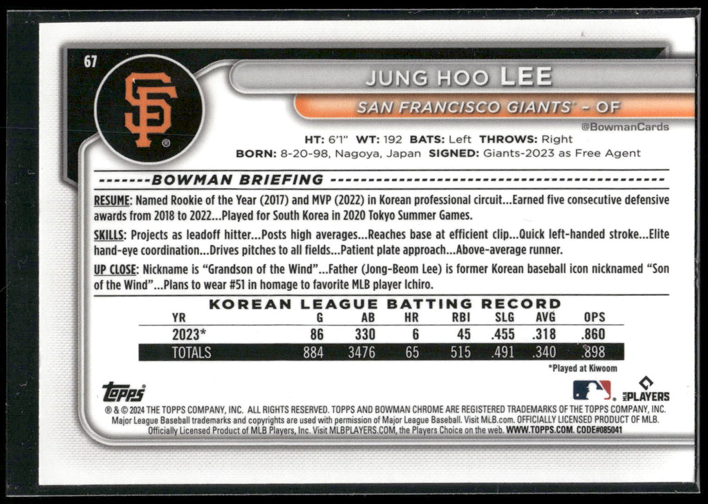2024 Bowman Chrome #67 Jung Hoo Lee