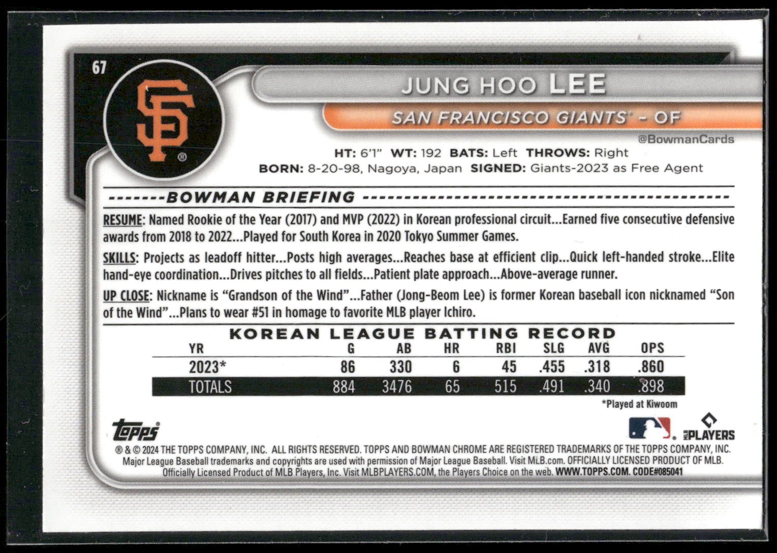 2024 Bowman Chrome #67 Jung Hoo Lee