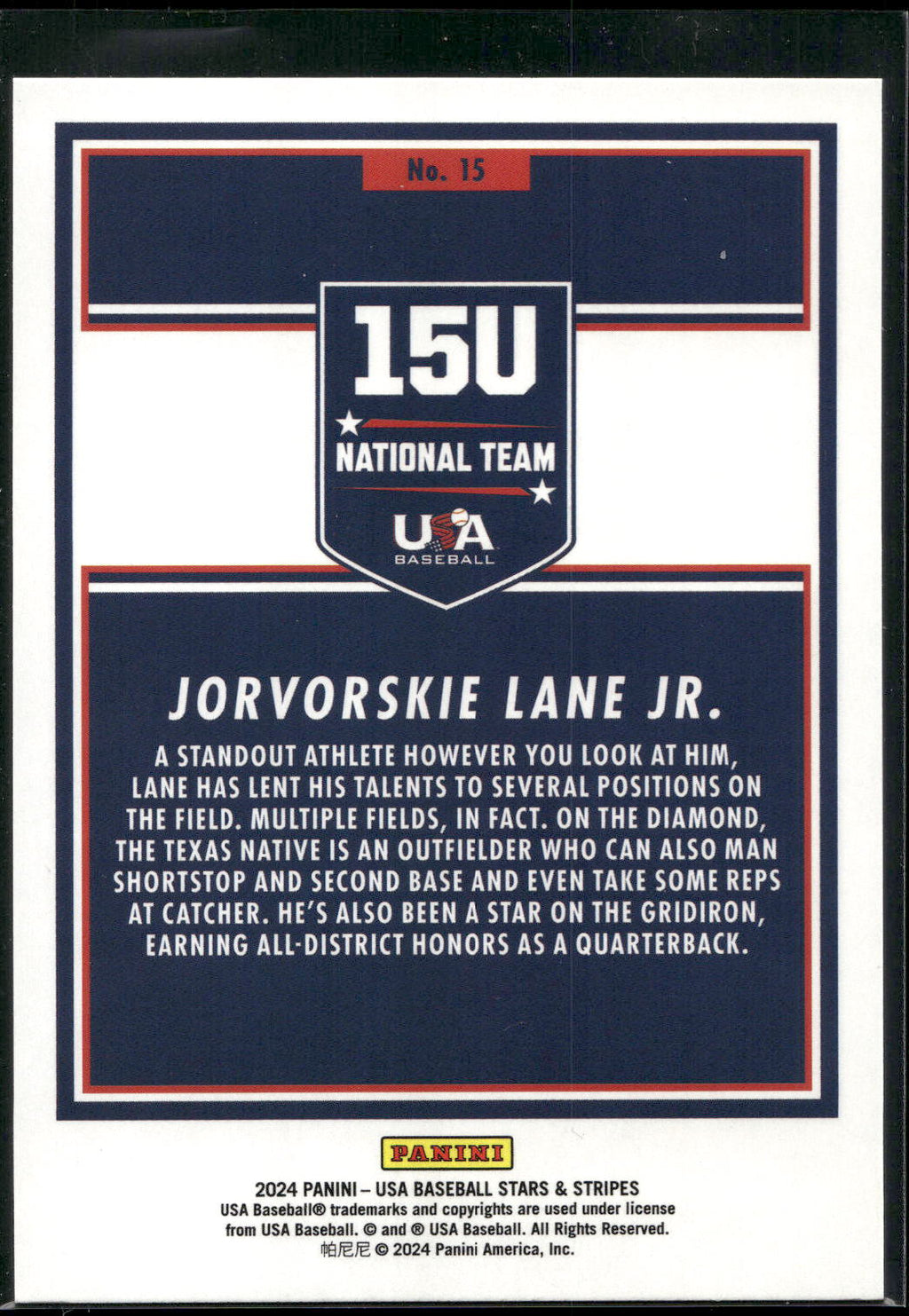 2024 Panini Stars & Stripes USA Baseball #15 Jorvorskie Lane Jr.