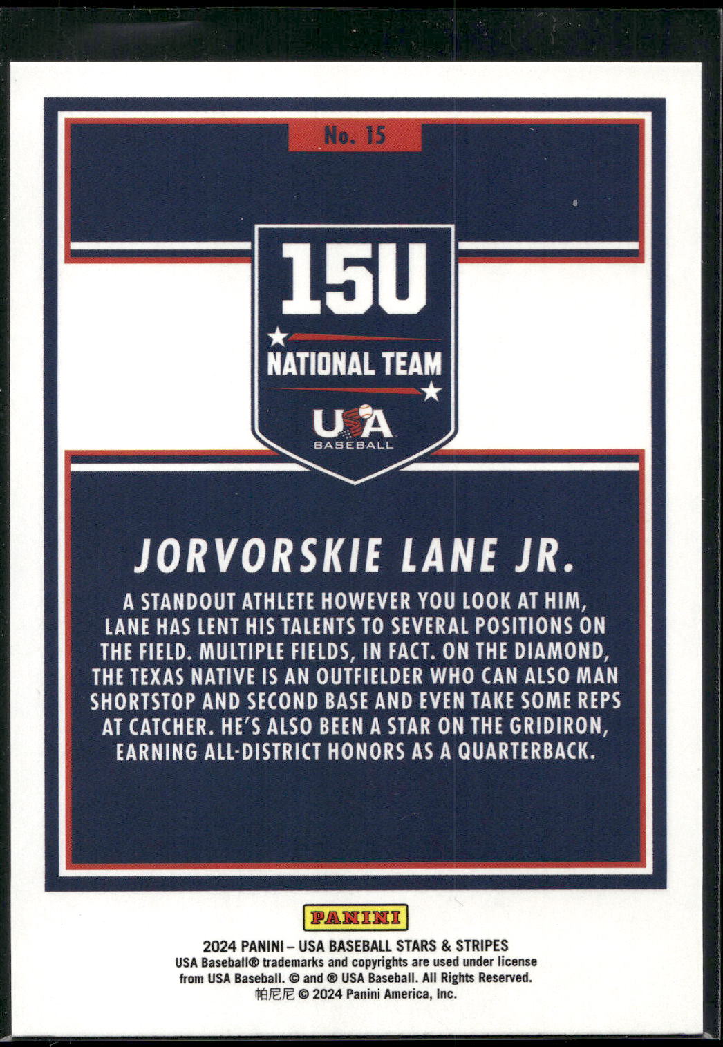 2024 Panini Stars & Stripes USA Baseball #15 Jorvorskie Lane Jr.