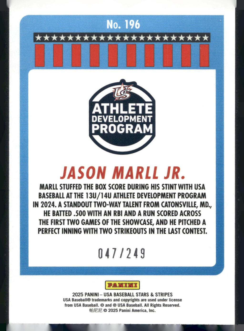 2025 Panini Stars & Stripes USA Baseball #196 Jason Marll Jr. Red Swirl #/249