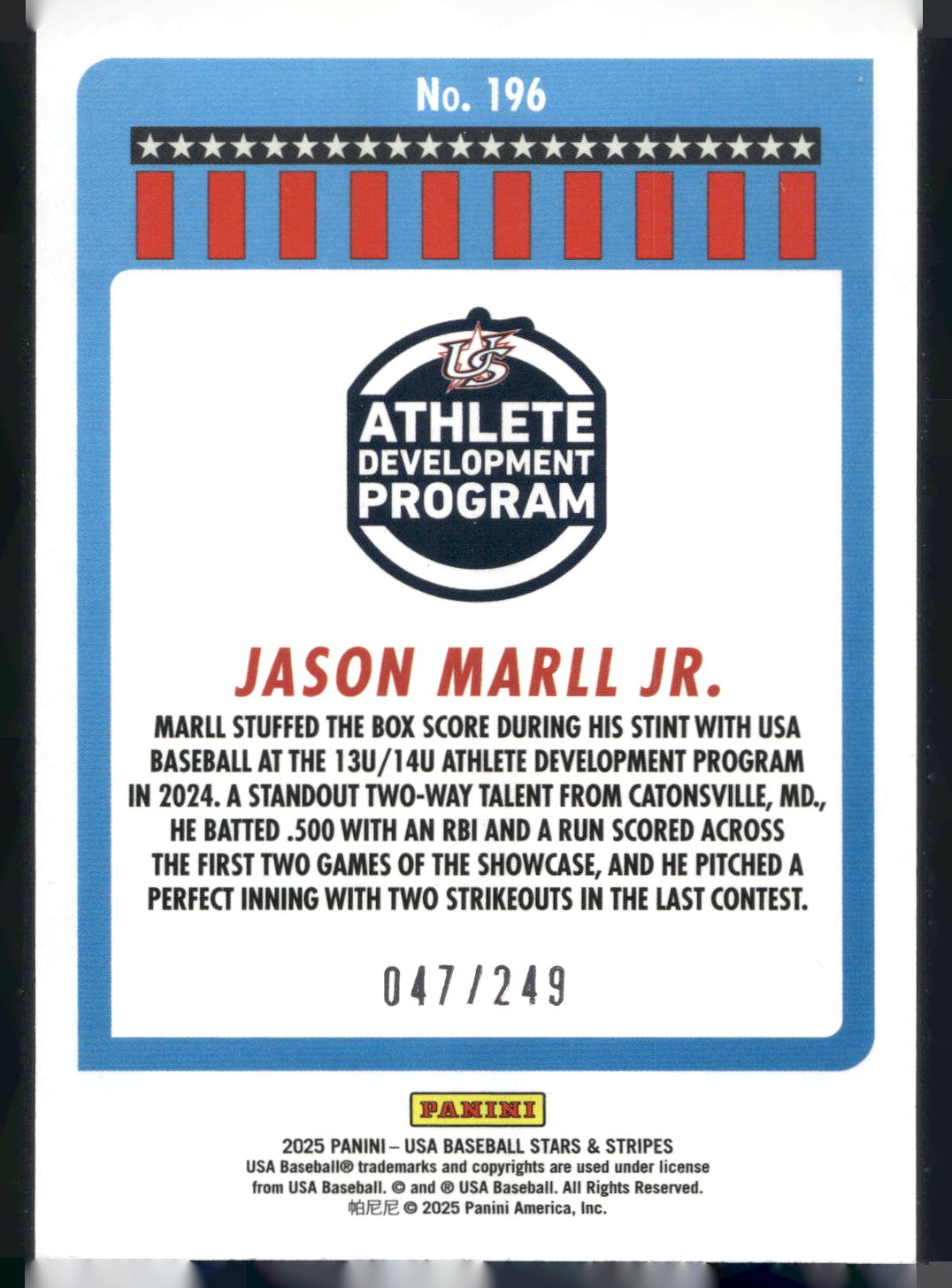 2025 Panini Stars & Stripes USA Baseball #196 Jason Marll Jr. Red Swirl #/249