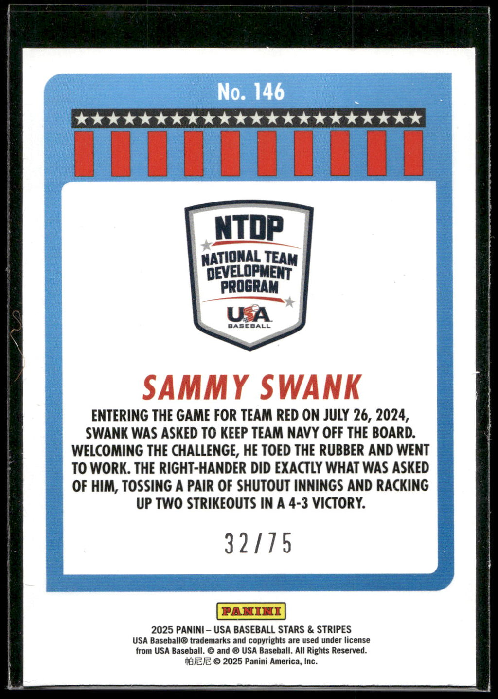 2025 Panini Stars & Stripes USA Baseball #146 Sammy Swank Orange #/75