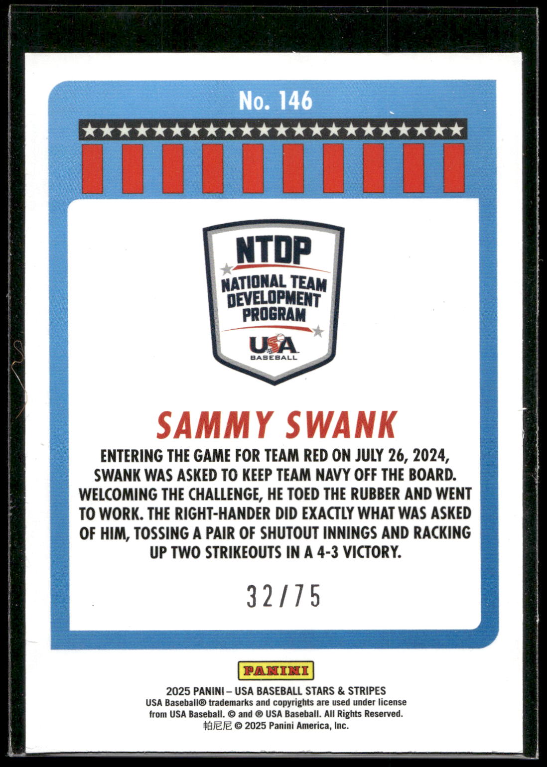 2025 Panini Stars & Stripes USA Baseball #146 Sammy Swank Orange #/75