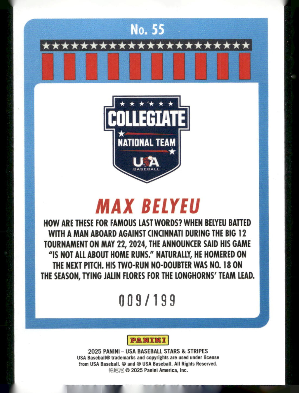 2025 Panini Stars & Stripes USA Baseball #55 Max Belyeu Red #/199
