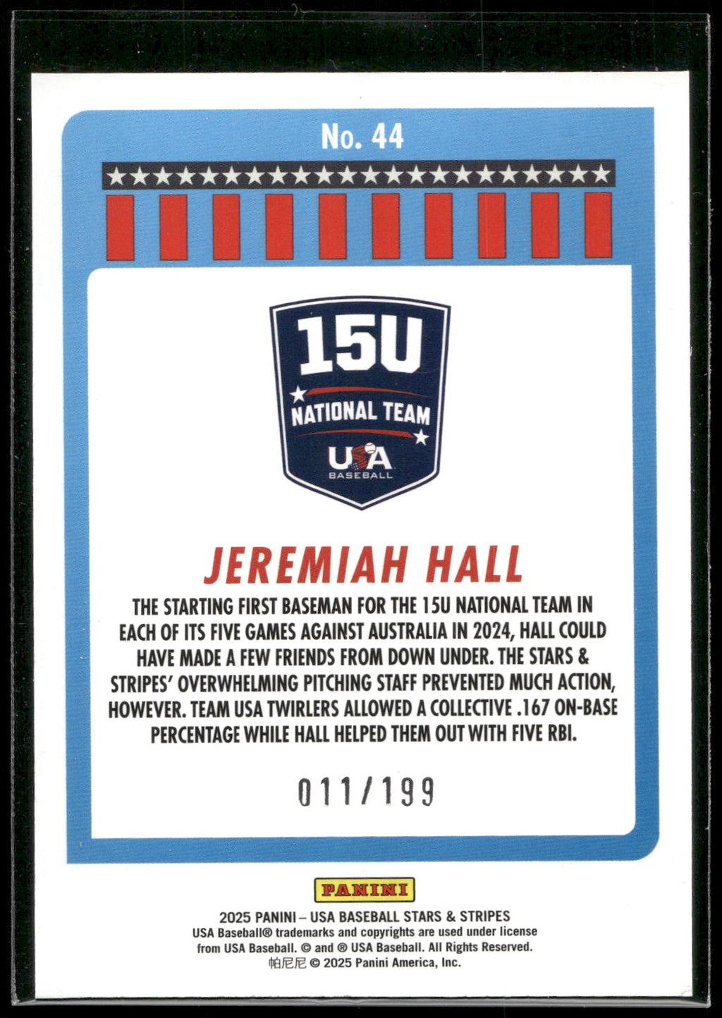 2025 Panini Stars & Stripes USA Baseball #44 Jeremiah Hall Red #/199