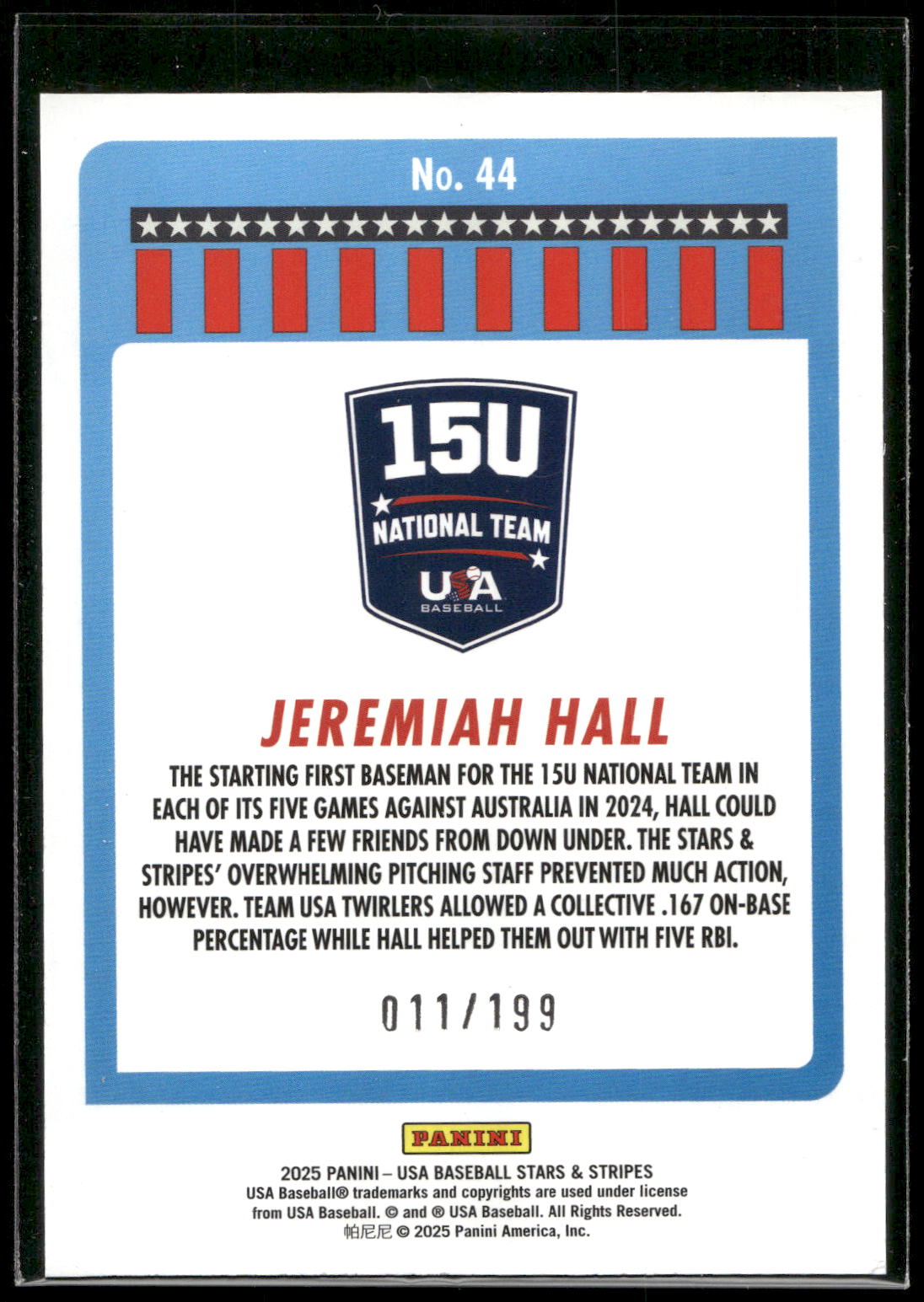 2025 Panini Stars & Stripes USA Baseball #44 Jeremiah Hall Red #/199