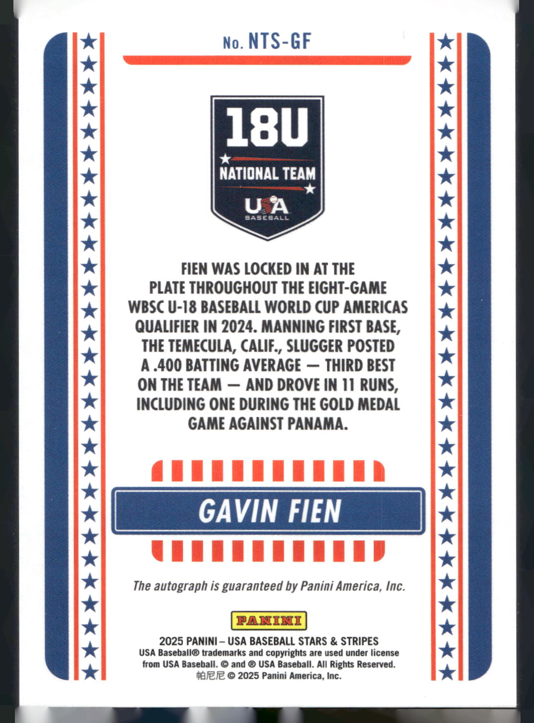 2024 Panini Stars & Stripes USA Baseball #NTS-GF Gavin Fien Signatures