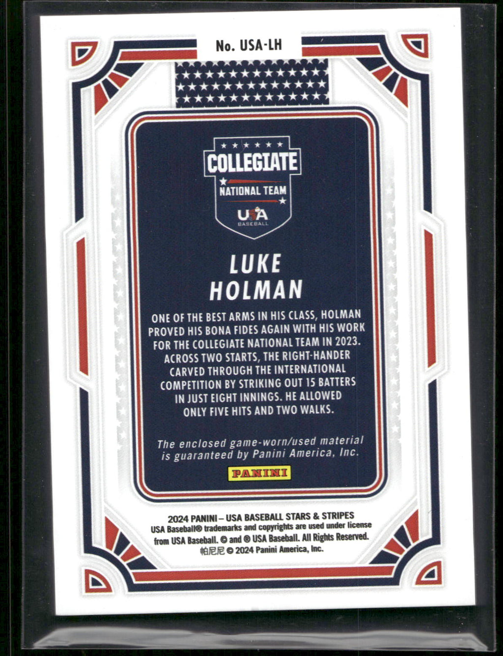 2024 Panini Stars & Stripes USA Baseball #USA-LH Luke Holman USA Materials