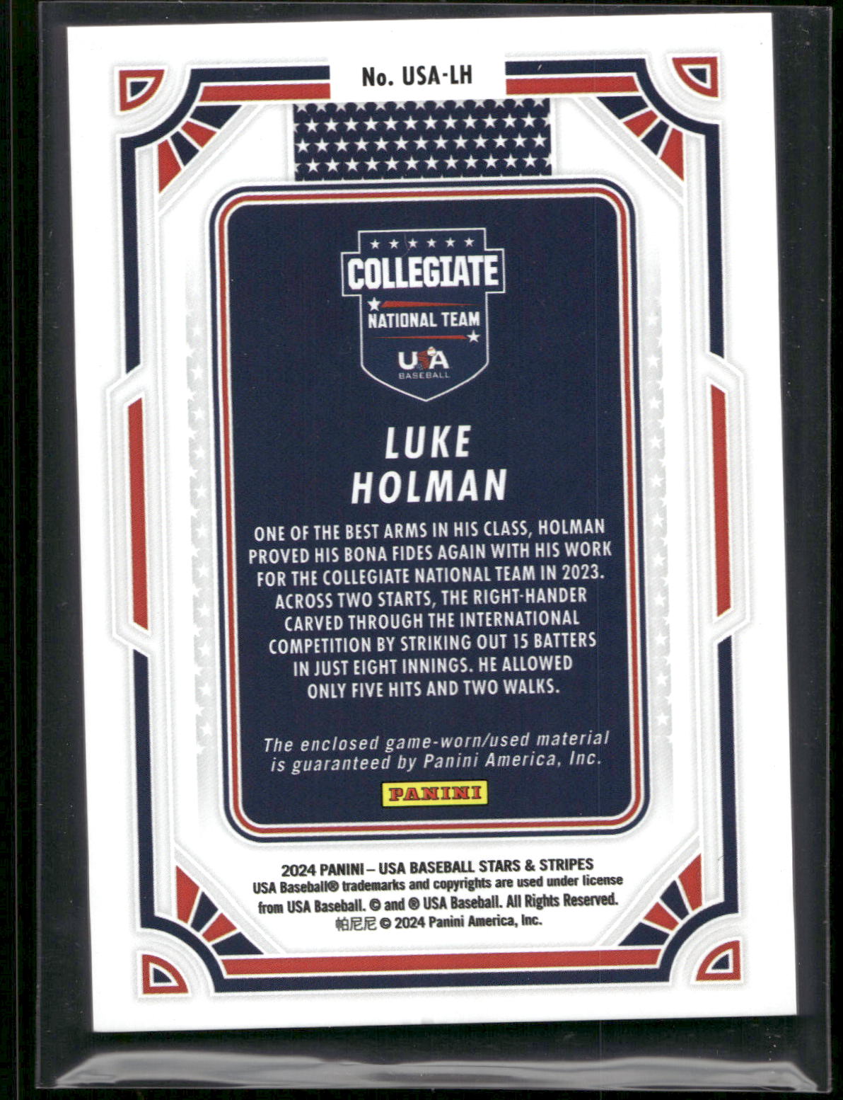 2024 Panini Stars & Stripes USA Baseball #USA-LH Luke Holman USA Materials