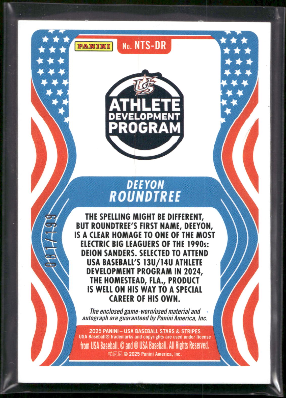 2025 Panini Stars & Stripes USA Baseball #NTS-DR Deeyon Roundtree Auto /199