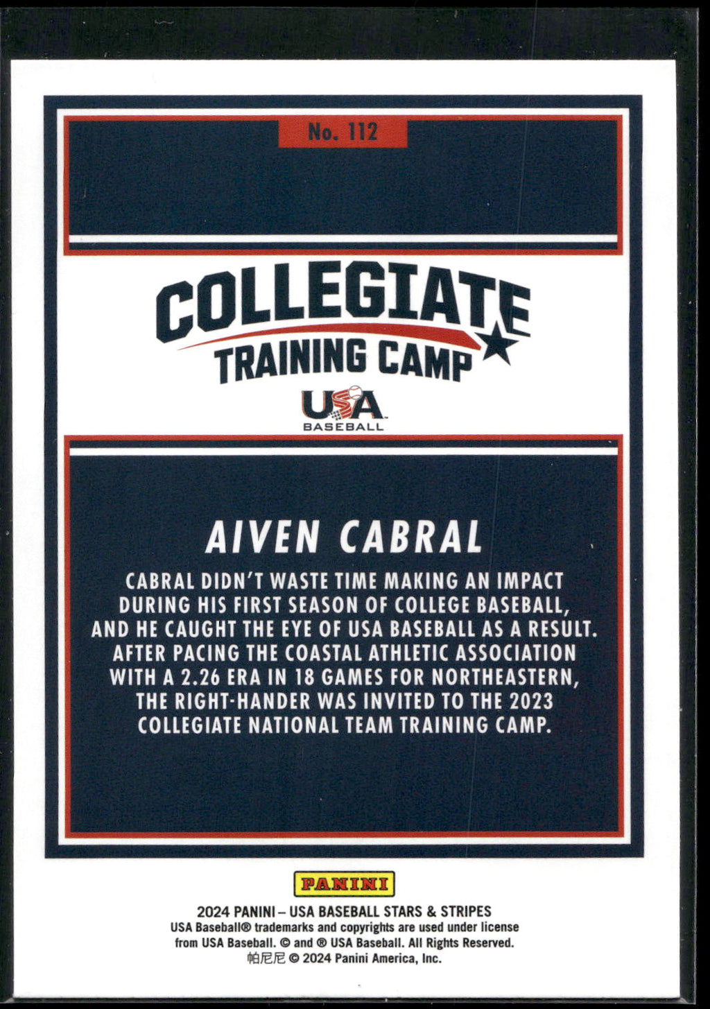 2024 Panini Stars & Stripes USA Baseball #112 Aiven Cabral