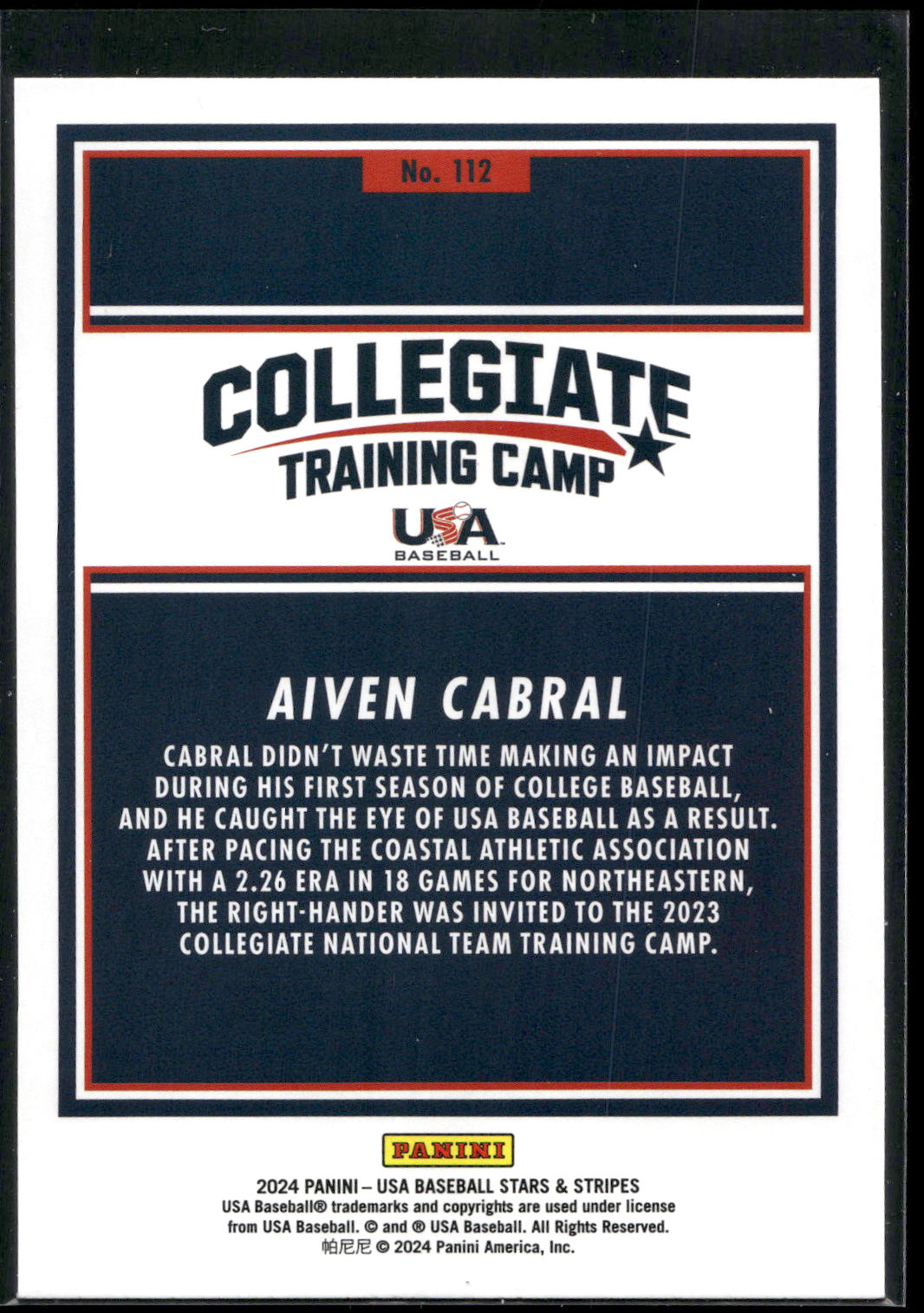 2024 Panini Stars & Stripes USA Baseball #112 Aiven Cabral
