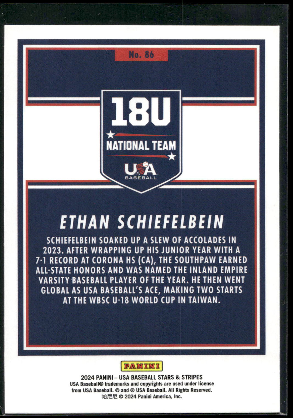 2024 Panini Stars & Stripes USA Baseball #86 Ethan Schiefelbein