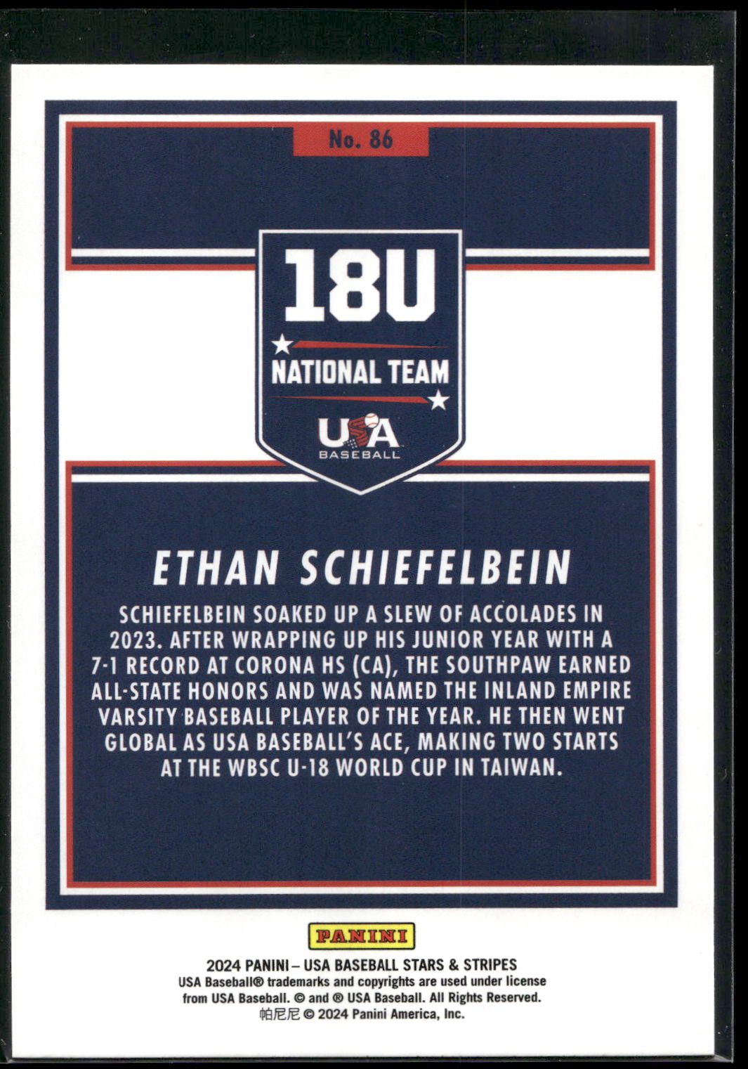 2024 Panini Stars & Stripes USA Baseball #86 Ethan Schiefelbein
