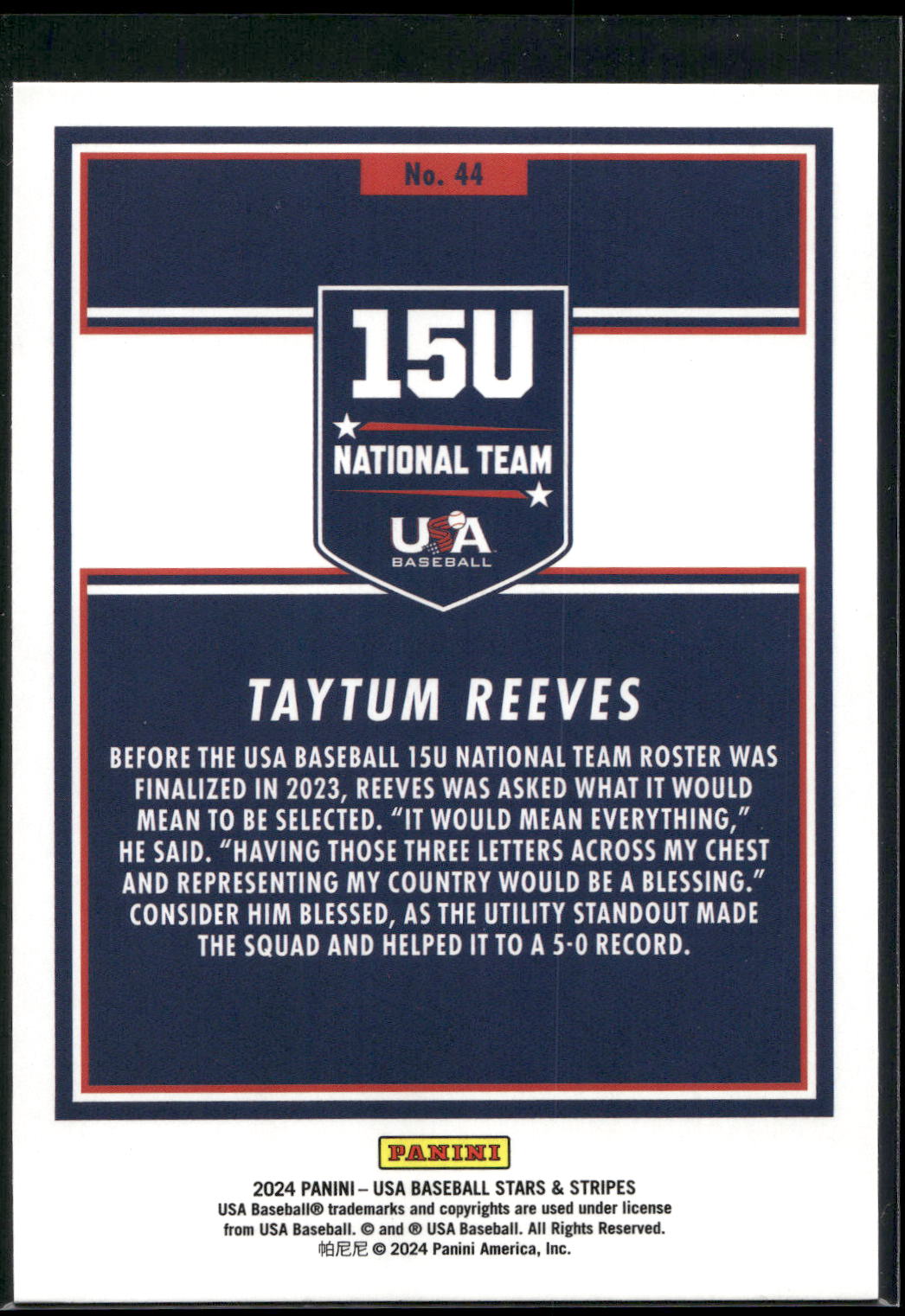 2024 Panini Stars & Stripes USA Baseball #44 Taytum Reeves