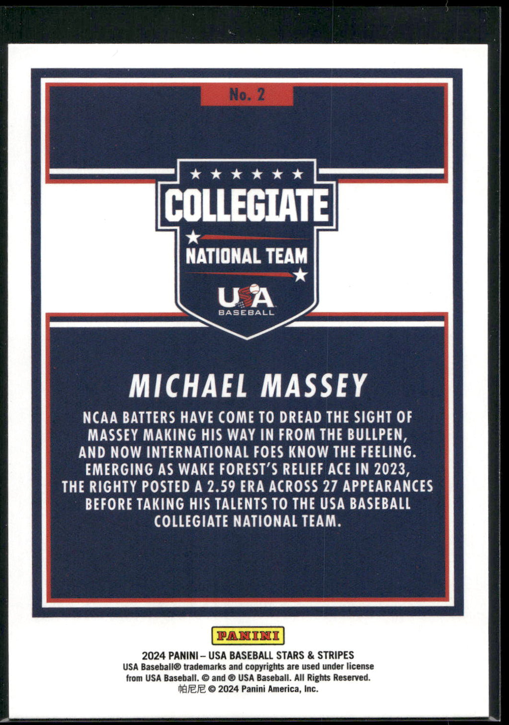 2024 Panini Stars & Stripes USA Baseball #2 Michael Massey
