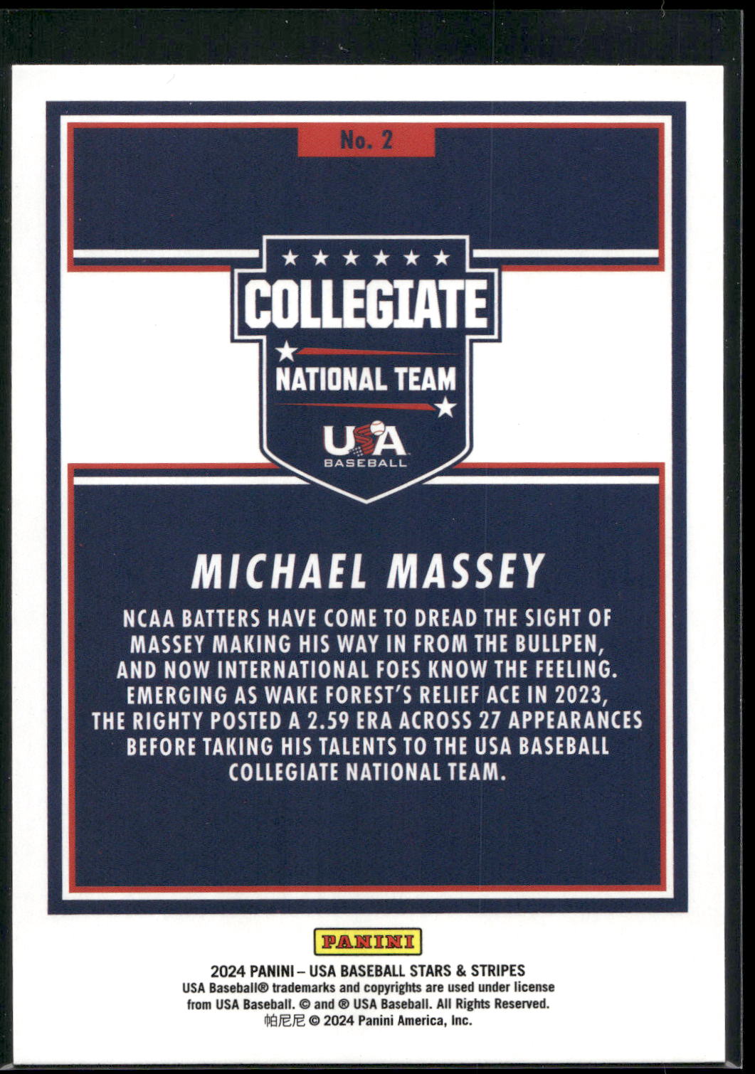 2024 Panini Stars & Stripes USA Baseball #2 Michael Massey
