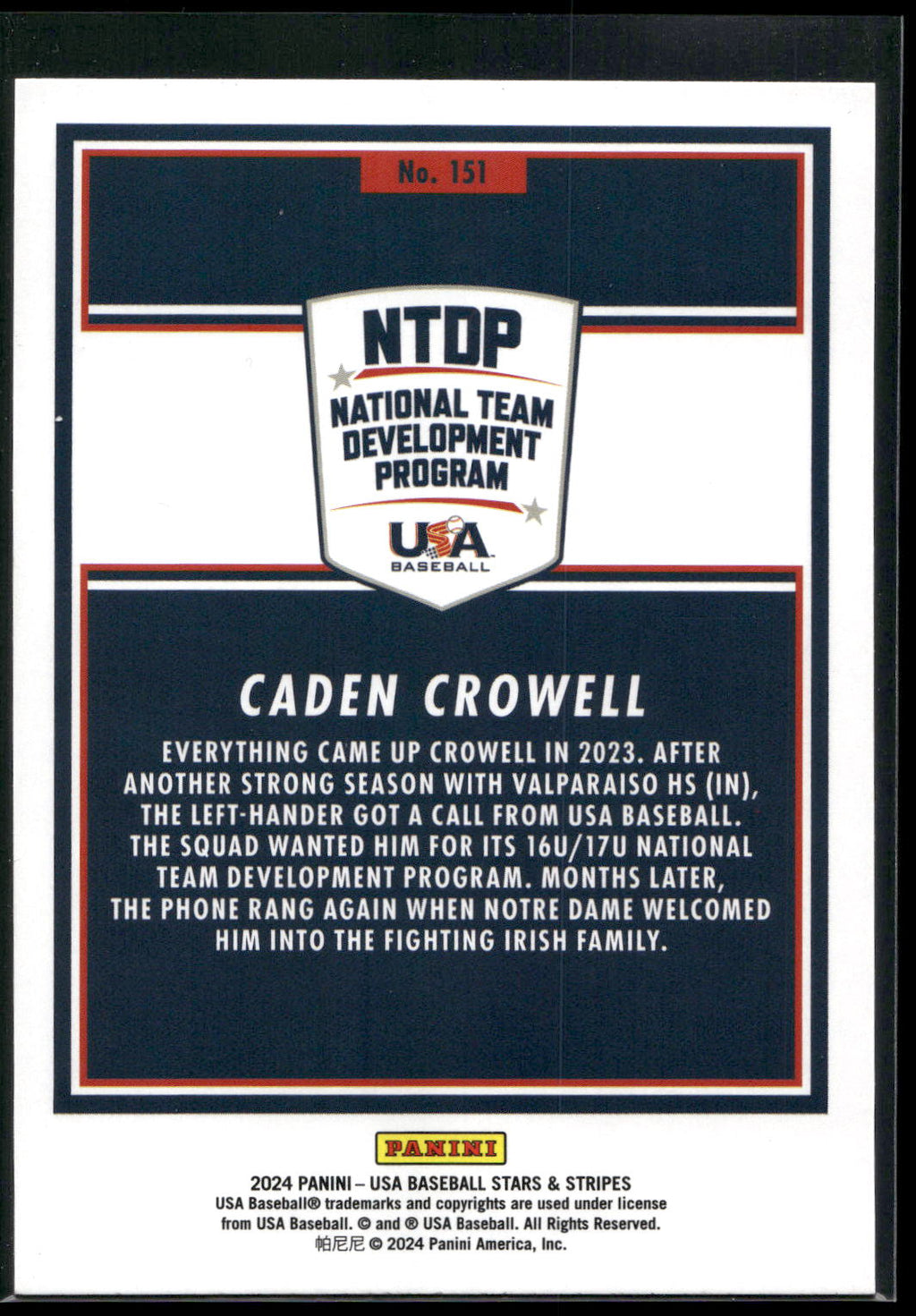 2024 Panini Stars & Stripes USA Baseball #151 Caden Crowell