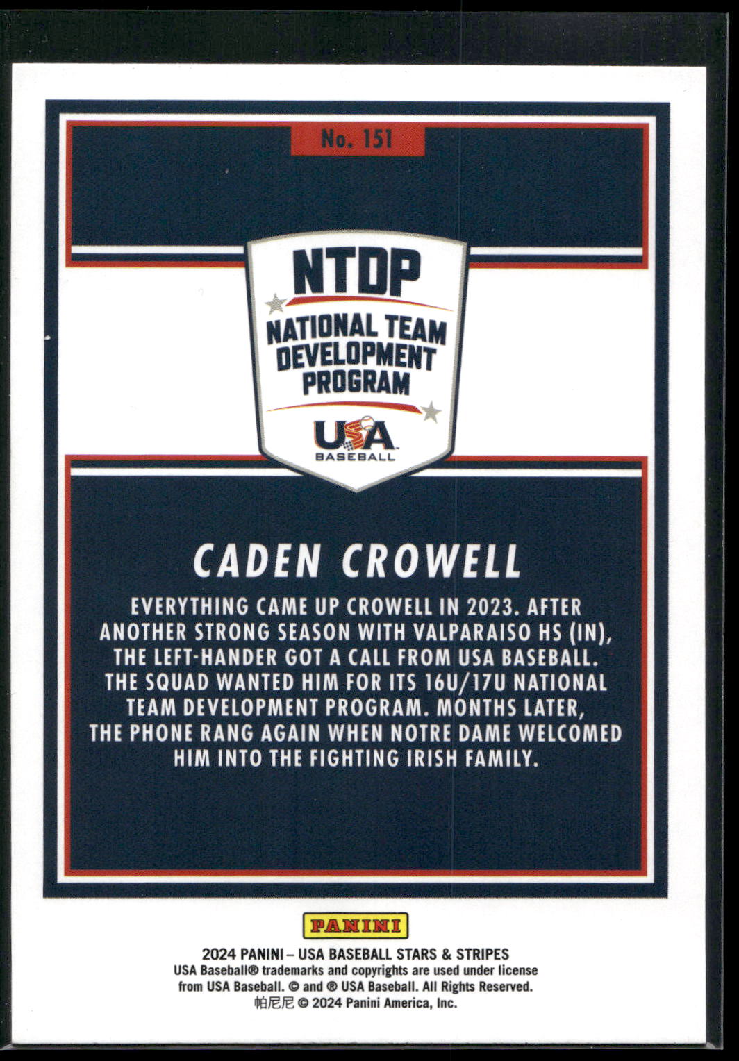 2024 Panini Stars & Stripes USA Baseball #151 Caden Crowell