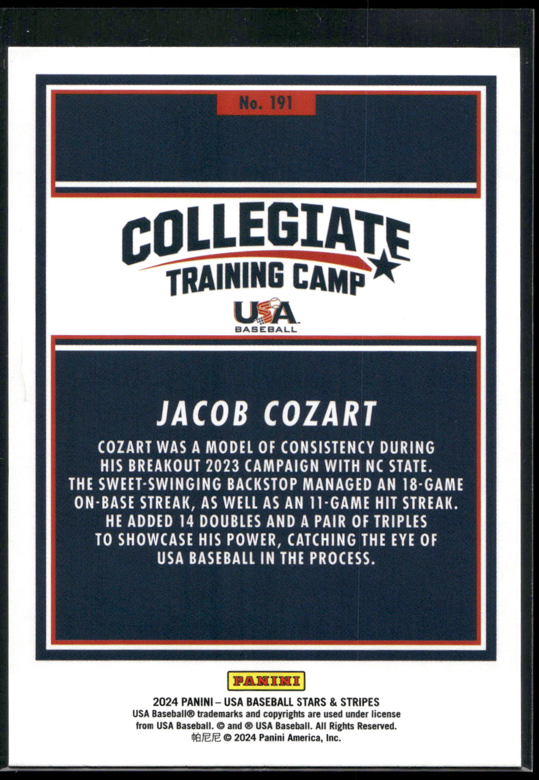 2024 Panini Stars & Stripes USA Baseball #191 Jacob Cozart