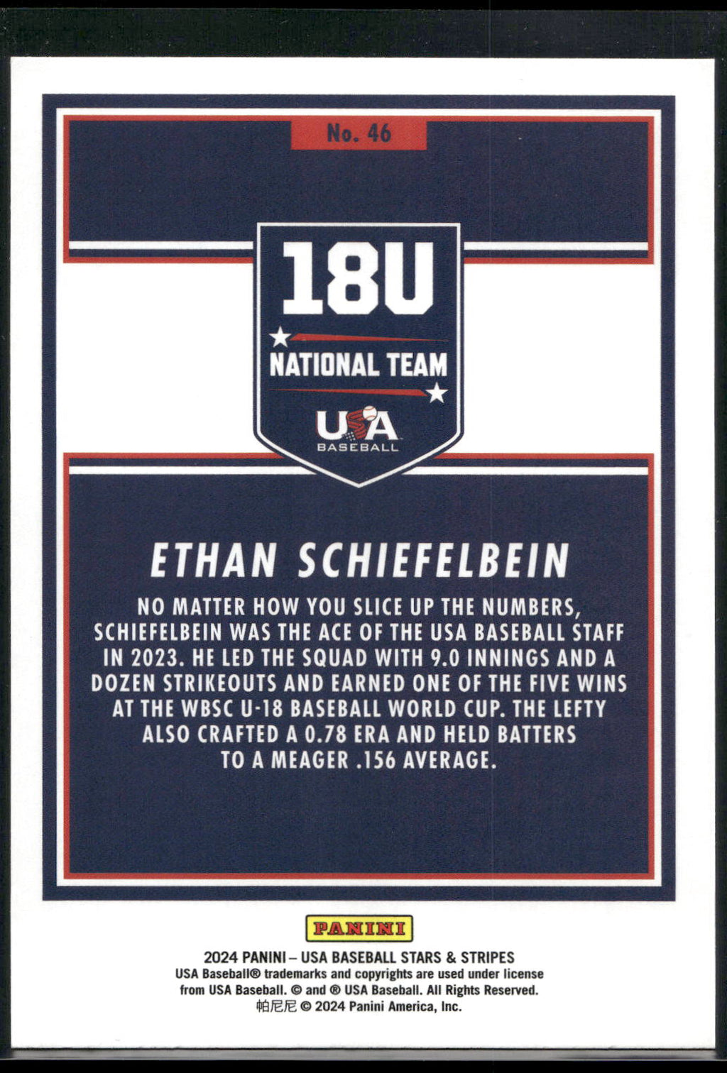 2024 Panini Stars & Stripes USA Baseball #46 Ethan Schiefelbein